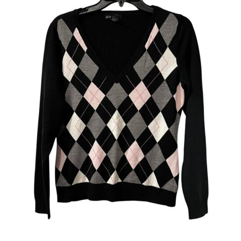 New York & Co Woman’s V-neck Black Pink Argyle Sweater Y2K Preppy Academia Sz M